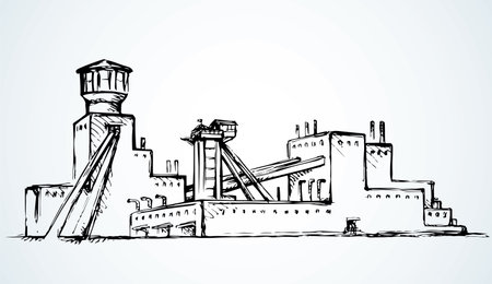 Old urban big iron mineral quarry rock mine refine excavate mill work on white sky. Black outline hand drawn heavy coal carbon crude diesel tank service icon sign text sketch as retro high art cartoonのイラスト素材
