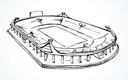 Old big urban empty ballpark grass lawn area. Line black ink hand drawn college lane row theater frame background. Cup sign in retro art cartoon style on paper space for text. Outline vintage plan viewのイラスト素材