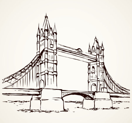 Great old suspension bridgework place isolated on white background. Freehand linear black ink hand drawn picture logo sketchy in art retro doodle graphic style pen on paper with space for text on skyのイラスト素材