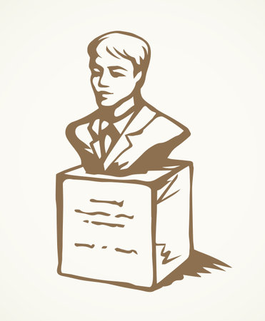 Aged classic marble religion cemetary rip site design on white yard place backdrop. Line black ink hand drawn politician funer logo pictogram in retro artistic doodle style pen on paper space for textのイラスト素材
