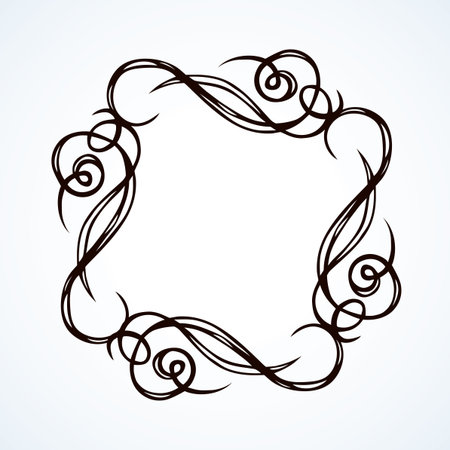 Old cute romantic book ribbon bow swirly tag swoosh element isolated on white paper card backdrop. Freehand black ink pen outline drawn curly corner sketchy in artistic rustic curlicue scrawl styleのイラスト素材
