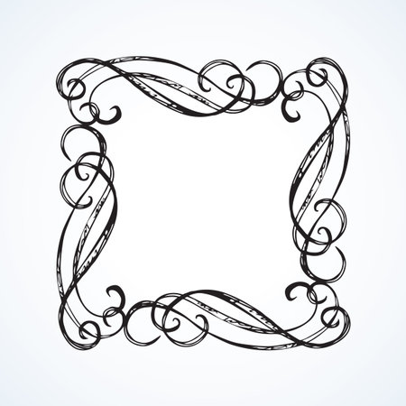 Old cute romantic book ribbon bow swirly tag swoosh element isolated on white paper card backdrop. Freehand black ink pen outline drawn curly corner sketchy in artistic rustic curlicue scrawl styleのイラスト素材