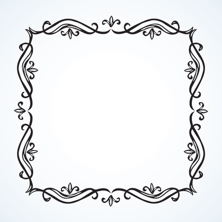 Old cute romantic book ribbon bow swirly tag swoosh element isolated on white paper card backdrop. Freehand black ink pen outline drawn curly corner sketchy in artistic rustic curlicue scrawl styleのイラスト素材