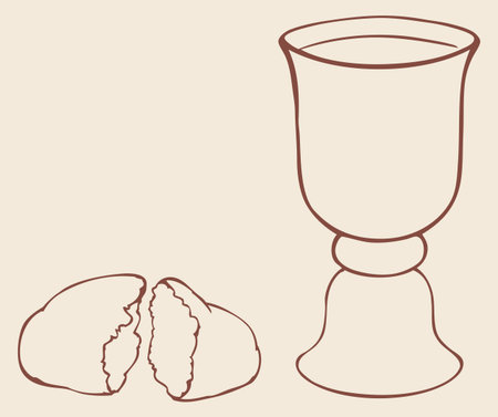 Vector frame as a still-life symbols of the Communion. Broken bread and wine in a bowlのイラスト素材