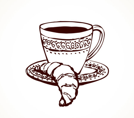 Classic fresh hot black sweet brazil coffe pot on white table. Hand drawn old dishware menu symbol. Arabian cutlery ware crockery still life sketch in art antique cartoon style on space for textのイラスト素材