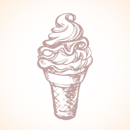 Lovely yummy twist design fruit jam syrup softcream lollipop in brown crispy cupcake isolated on beige backdrop. Outline ink hand drawn picture icon sketch in art retro cartoon doodle graphic styleのイラスト素材