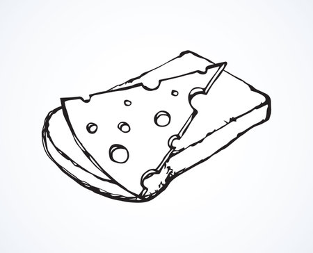 Tasty crisp rye grain bun chunk and cut porous swiss cheddar piece on white backdrop. Line black ink hand drawn biscuit bakery cuisine menu logo emblem sign in retro doodle cartoon style pen on paperのイラスト素材