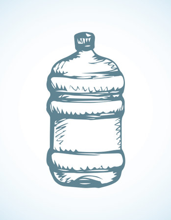 New huge blue capped jug flask isolated on white background. Freehand outline ink hand drawn logo pictogram sketchy in art retro scribble style pen on paper. View closeup with space for text on labelのイラスト素材