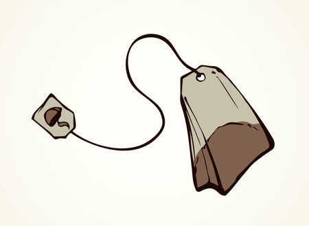 Classic new sealed porous dry citrus tisane teabag on white backdrop. Freehand line dark ink pen hand drawn pictogram sketchy in retro art doodle style. Closeup view with space for text on card tagのイラスト素材