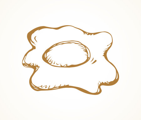 Tasty beater flat poultry omlett on light pan backdrop. Freehand outline black ink hand drawn menu hen farm logo emblem in retro art doodle engrave style pen on paper space for text. Close up top viewのイラスト素材