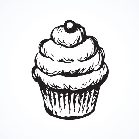 Bridal greet party cacao ice tasty flavor romantic spiral torte mousse basket decor isolated on white backdrop. Line black ink hand drawn love icon sign logo sketch in art retro doodle graphic styleのイラスト素材