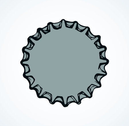 Old steel cola crown tap shape on white space for text. Line black hand drawn glass pop booze cocktail object logo pictogram badge banner frame design in art retro cartoon style. Close up macro viewのイラスト素材