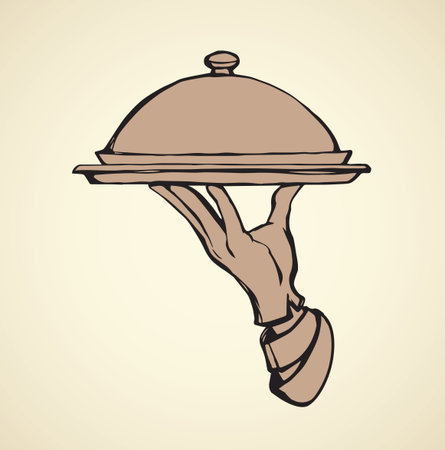 Classic elegant server palm give dome lid on white backdrop. Freehand line black ink drawn picture order logo sign sketchy in retro art doodle cartoon graphic style pen on paper with space for textのイラスト素材