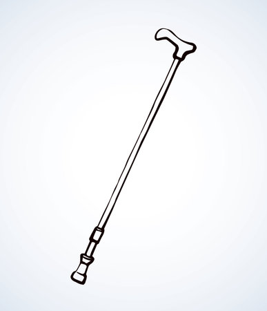Old arm handle healthcare crook walker tool on white backdrop. Freehand outline black ink hand drawn object logo emblem sketch in retro art doodle style pen on paper. Closeup view with space for textのイラスト素材