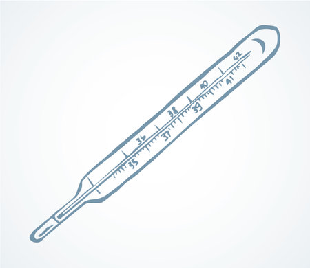 Line vintage hot display drug device on white background. Outline black ink hand drawn unwell aid heat object logo pictogram design in retro art doodle cartoon style on paper text space. Close up viewのイラスト素材