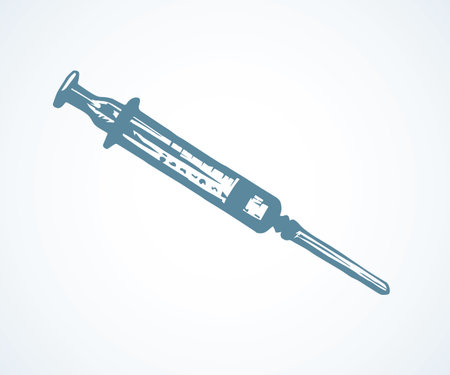 Healthy aid medic test analyze shot squirt tool on white background. doctor heal help web protect lab logo. Line black ink hand drawn dope remedy prick plastic injector device cartoon pictogram sketchのイラスト素材