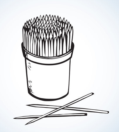Single thin rod set on light backdrop. Freehand black outline ink hand drawn eco healthcare bundle box logo design emblem in retro art doodle engrave style pen on paper space for text. Close up viewのイラスト素材