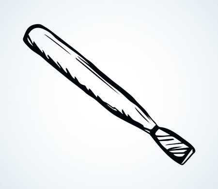 Personal female iron sharp buff blade tip device set. Light paper text space backdrop. Outline dark ink pen hand drawn toe nippers logo pictogram design in modern art doodle style. Close up macro viewのイラスト素材