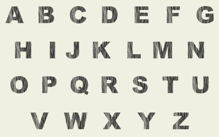 Vector stylized font under the shaded ink lettersVector stylized line comic cartoon font. Shaded dirt black ink linear letters in artistic retro style on white backdropのイラスト素材