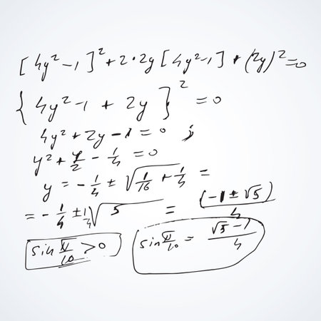 Complicate lab research derivatives manuscript complex test task plot isolated on white backdrop. Freehand linear black ink hand drawn draft in retro grungy scribble graph sketch style pencil on sheetのイラスト素材