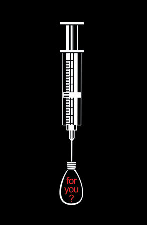 Bad crime morphine aid medic shot squirt tool victim isolated on dark black background. Line hand drawn help pain suffer stress end treatment pill remedy prick injector logo pictogram emblem cartoonのイラスト素材