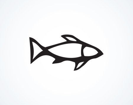 Big Cyprinus carpio isolated on white backdrop. Freehand outline black ink hand drawn logotype emblem pictogram sketchy in art retro scribble style pen on paper. Closeup side view with space for textのイラスト素材