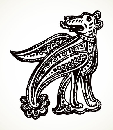 Fantasy folk mammal white paper pattern element. Outline black color ink hand drawn wild dog head logo emblem pictogram. Classic closeup barbarian gauls german national artist book lion letter labelのイラスト素材