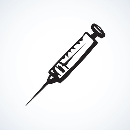 Modern plastic injector on white background. Web outline logo concept. Freehand linear black ink hand drawn picture emblem sketchy in art retro doodle contour style. View closeup with space for textのイラスト素材