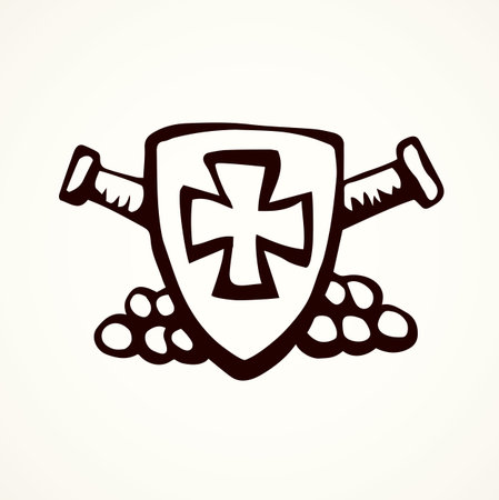 Aged grunge historic award label on white background. line black ink hand drawn defense safety logotype pictogram border element sketch in art classic doodle etch print style on paper space for textのイラスト素材
