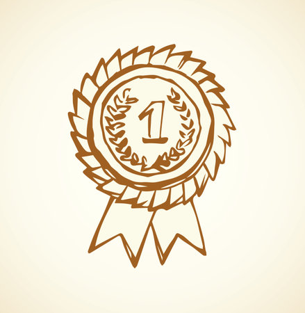 Contest 1 athlete leader hero medalist gold metal pin round wreath element. Outline black hand drawn warranty logo border in retro art doodle cartoon graphic style on white paper space for textのイラスト素材