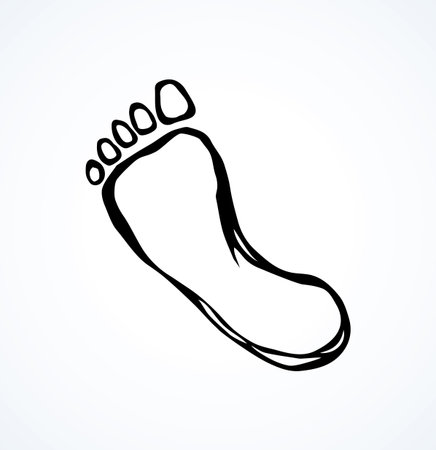 Naked flatfoot emblem on white backdrop. Freehand outline black ink hand drawn healthcare pictogram sketchy in retro art scribble contour graphic style pen on paper space for text. Closeup top viewのイラスト素材
