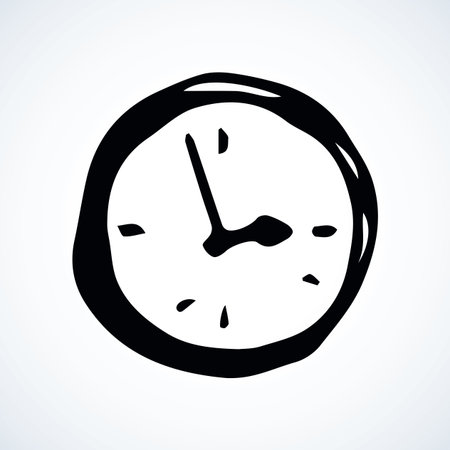 Old horologe ticker timekeeper ui emblem on white wall backdrop. Freehand linear black ink hand drawn picture logo sketchy in art retro scribble style pen on paper. Closeup view with space for textのイラスト素材