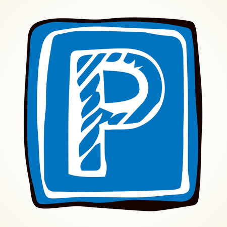 Blue simple way p point stay roadside notice route info mark board logo element. Outline black hand drawn flat abstract web park square emblem banner design sketch. Doodle art cartoon white line styleのイラスト素材