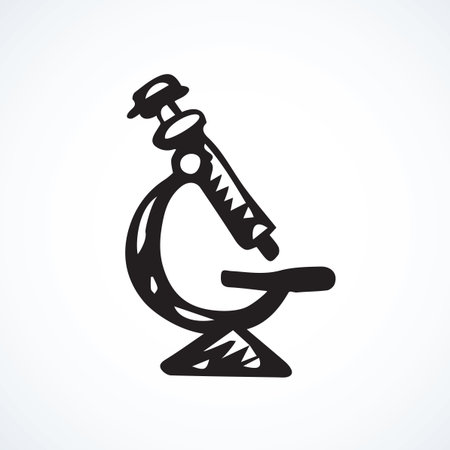 Doctor optical lens eyepiece enlarge scope isolated on white background. Web abstract line logo concept. Freehand black ink outline hand drawn emblem sketch in retro doodle graphic style pen on paperのイラスト素材