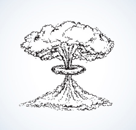 Big blowing up chemical fallout fission isolated on white backdrop. Freehand outline black ink hand drawn picture logo in art retro comic contour scribble design style pen on paper with space for textのイラスト素材