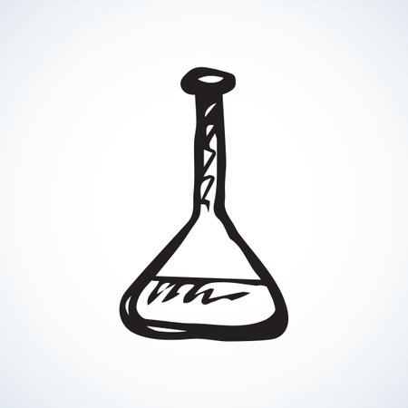 Examination analyze solution in conic vial isolated on white background. Web modern outline logo concept. Freehand black ink line hand drawn symbol sketch in retro doodle graphic style pen on paperのイラスト素材
