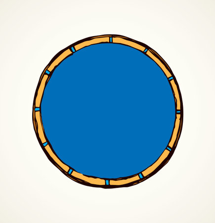 Rusty cyan gold metal rim pin wreath element on white backdrop. Bright navy color hand drawn warranty logo pictogram design in aged rough art doodle cartoon style stroke on paper space for textのイラスト素材
