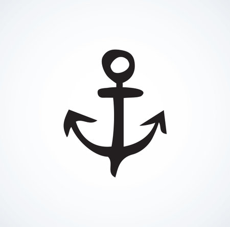 Big cute rough iron anchor on light water backdrop. Freehand outline dark ink hand drawn concept object logotype emblem sketchy in ancient art scribble style pen on paper space for text. Closeup viewのイラスト素材