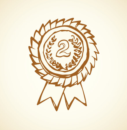 Contest 2  athlete leader hero medalist gray metal pin round wreath element. Outline black hand drawn warranty logo border in retro art doodle cartoon graphic style on white paper space for textのイラスト素材