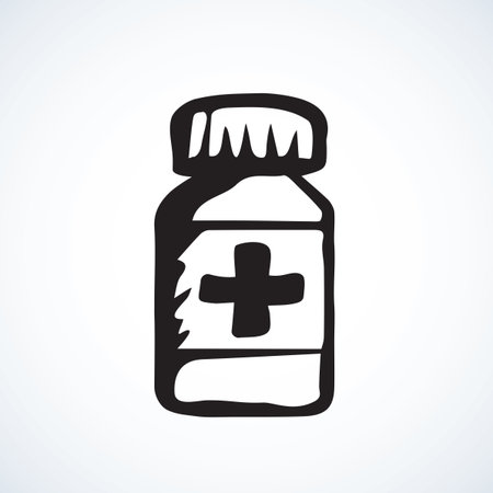 Round plastic RX vial pack isolated on white background. Web outline cartoon ui plus logo concept. Freehand linear black ink hand drawn flat emblem sketchy in retro doodle graphic style pen on paperのイラスト素材