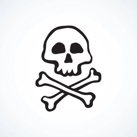 Old grim corsair roger skul isolated on white backdrop. Web gameover outline shape logotype concept. Freehand black ink linear hand drawn emblem sketchy in art retro scribble style pen on paperのイラスト素材