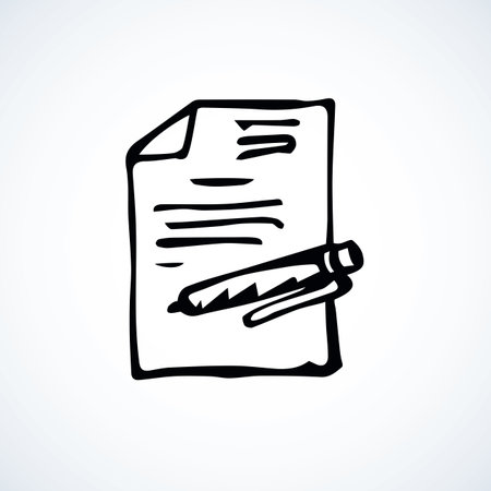 Old simple finance deal treaty folio isolated on light background. Web outline logo plan concept. Freehand linear black ink hand drawn picture sketchy in art retro doodle contour style. View closeupのイラスト素材