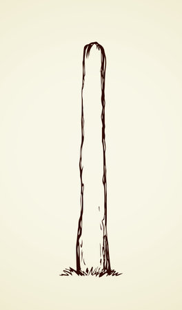 Aged rough brown wood stand isolated on white backdrop. Freehand linear black ink hand drawn picture design in art retro contour scribble graphic style pen on paper. View closeup with space for textのイラスト素材