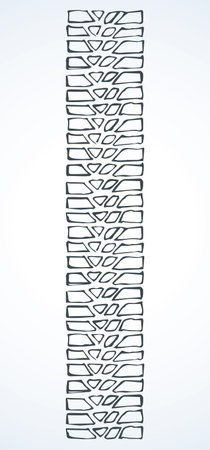 Flat bus rim stamp set on muddy dust white snow backdrop. Outline black ink pen hand drawn tread logo emblem sign design in retro art doodle contour style. Close up detail view with space for textのイラスト素材