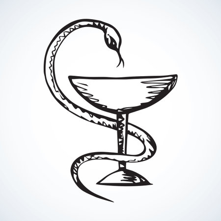 Beaker of Hygieia insignia isolated on white background. Web abstract caduceus ui line logo concept. Freehand black ink outline hand drawn emblem sketchy in art retro doodle graphic style pen on paperのイラスト素材