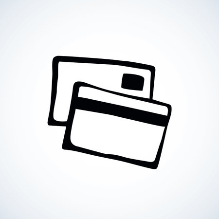 Paid id chip e-tickets on white backdrop. Web outline logo concept. Freehand linear black ink hand drawn picture emblem sketchy in art retro scribble contour style. View closeup with space for textのイラスト素材