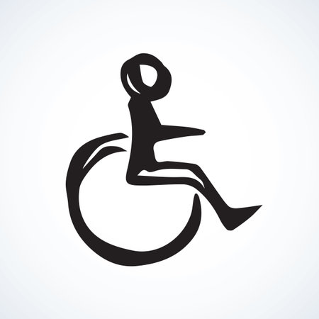 Mobile support stroller isolated on white backdrop. Web simple walk street traffic law logo button. Freehand linear black ink hand drawn flat emblem sketchy in retro doodle contour style pen on paperのイラスト素材