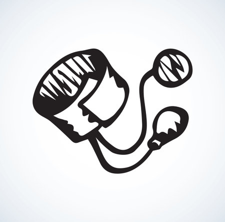 Mechanical aneroid gage manometer isolated on white background. Web outline logo concept. Freehand linear black ink hand drawn emblem sketch in retro doodle contour style. Modern hematography bulbのイラスト素材
