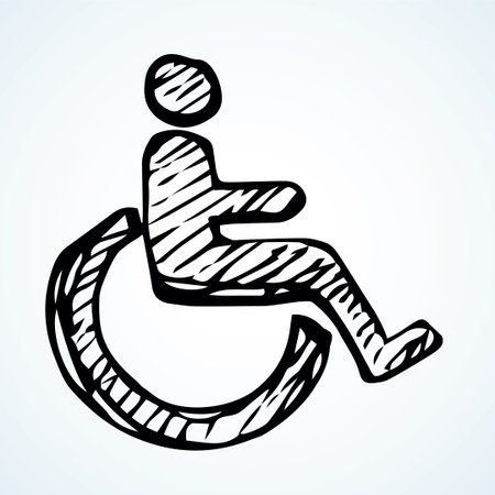 Generic aid man sit user help medicine loo set on white door. Outline black ink hand drawn simple flat round web ui ill group life care street logo emblem image in retro art doodle cartoon print styleのイラスト素材