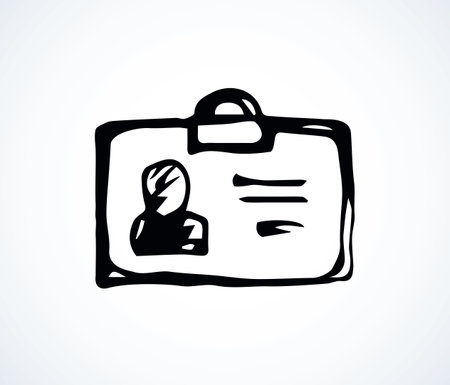 Visual man cardholder for lanyard latch on white backdrop. Outline black ink hand drawn picture logo sketchy in art retro scribble outline graphic style pen on paper. Closeup view with space for textのイラスト素材
